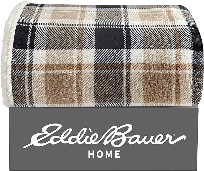 Eddie Bauer- Throw Blanket, Reversible Sherpa Fleece Bedding, Home Decor for All Seasons (Rugged Plaid Beige, Throw)