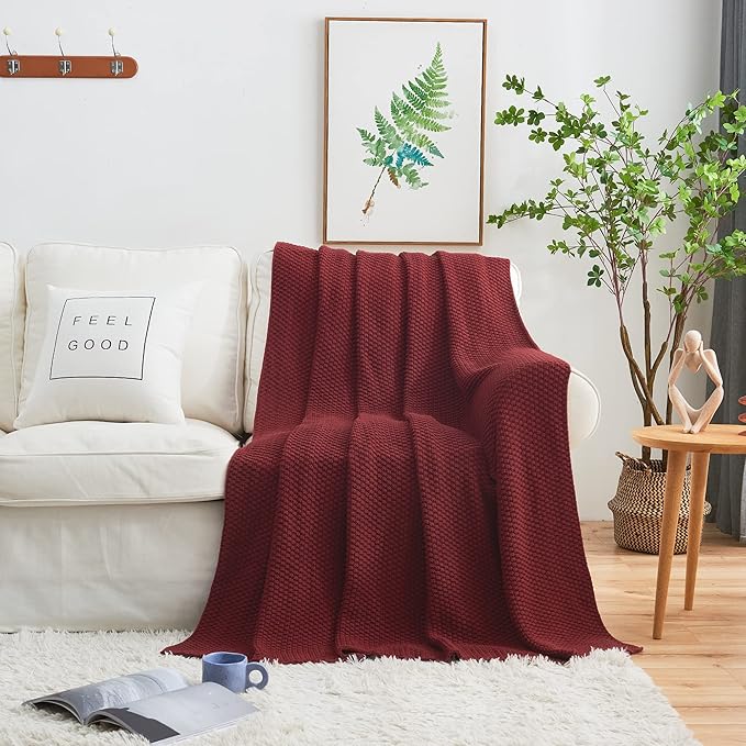 Longhui bedding Wine Red Knitted Throw Blanket for Couch, Cozy Machine Washable 100% Cotton Sofa Knit Blankets, 51 x 63 Inches, Burgundy Color