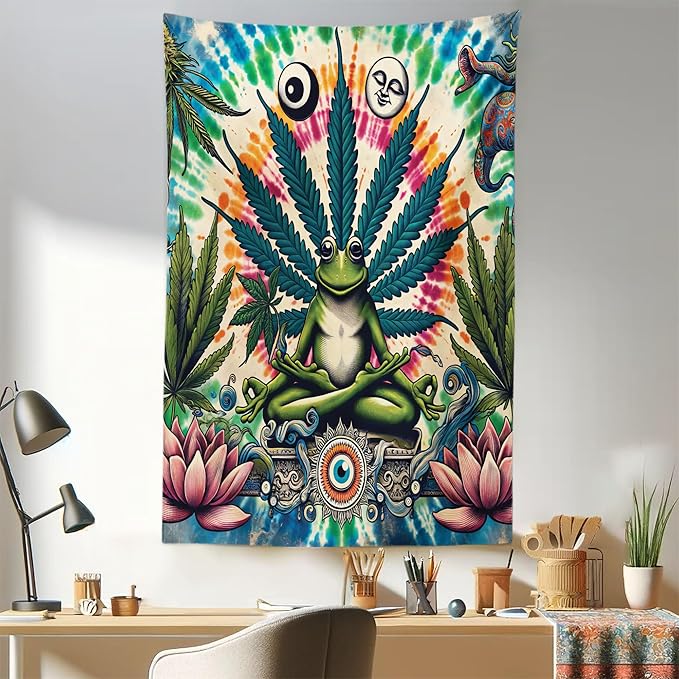 Ambesonne Trippy Tapestry, Jumble Composition of Frog Featuring Tie Dye Effect Esoteric Floral Eyes, Fabric Wall Hanging Decor for Bedroom Living Room Dorm, 30" X 45", Multicolor Fern Green