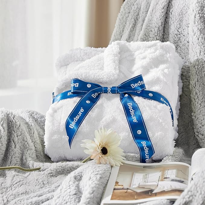 Bedsure Sherpa King Size Blanket for Bed- Fleece Soft Cozy Fuzzy Cable Blankets for Women, Thick Warm for Winter and All Seasons, White, 108x90 Inches