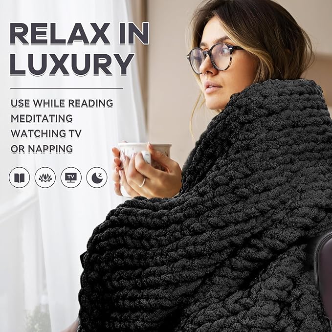 Chunky Knit Blanket - Luxury Soft Cozy Queen Size(50 * 60) Throw Blanket,100% Woven Blanket Rope Knot Throw Blanket for Couch, Sofa, Home Decor, Gift - Machine Washable(Black)