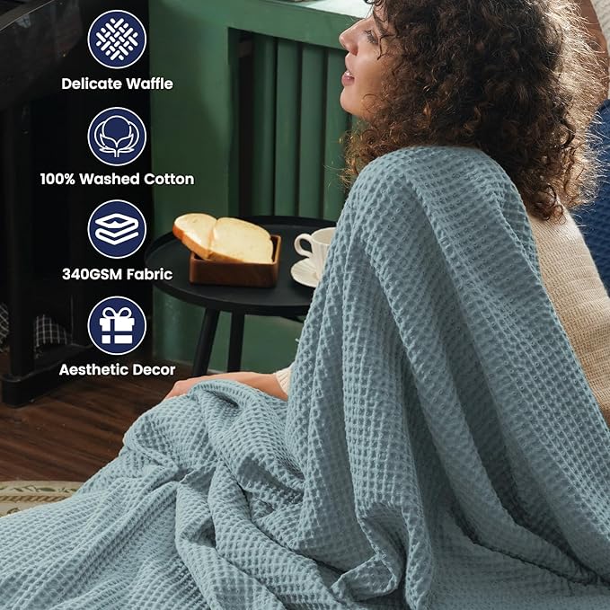 PHF Pre-Washed Cotton Waffle Weave Blanket King Size for Bed,Snag Proof Throw for Couch Spring Summer,Lightweight Breathable,Oeko-TEX Certified,Machine Washable, Home Decor Gift-Ocean/Sliver Blue