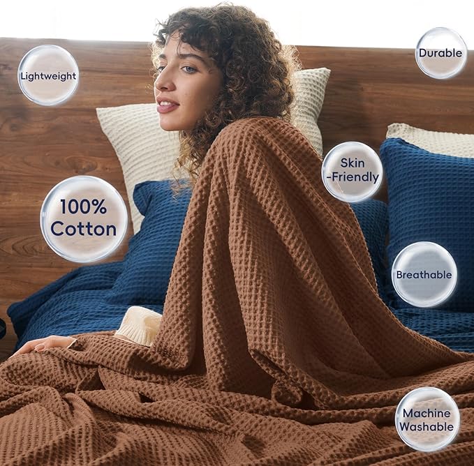 PHF Pre-Washed Cotton Waffle Weave Blanket Throw Size for Couch Bed,Snag Proof Spring Summer Lightweight Breathable,Oeko-TEX Certified,Machine Washable, Home Decor Gift,Cappuccino