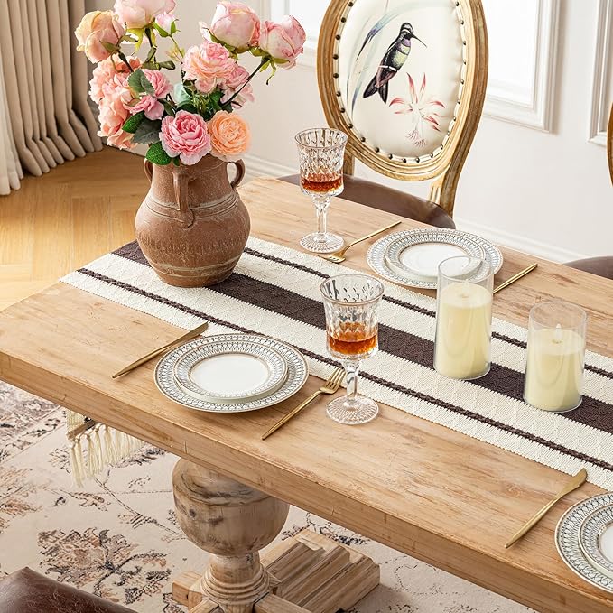 Fancy Homi Brown Table Runner 48 Inches Long Boho Macrame Table Runner for Home Decor, Farmhouse Table Runners with Tassels for Party Bohemian Rustic Bridal Shower Dining Decor 12x48 Inches