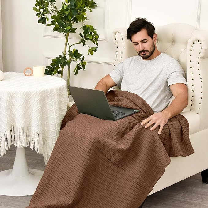 PHF Pre-Washed Cotton Waffle Weave Blanket Throw Size for Couch Bed,Snag Proof Spring Summer Lightweight Breathable,Oeko-TEX Certified,Machine Washable, Home Decor Gift,Cappuccino