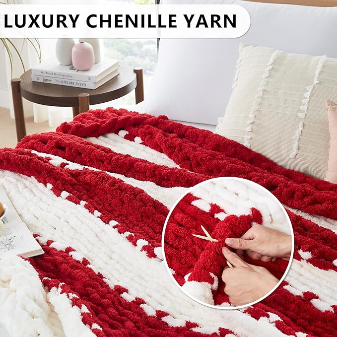 L'AGRATY Chunky Knit Blanket Throw - Soft Chunky Throw Blanket 40x50: 100% Hand Kintted Chenile Crochet Throw Blanket for Couch - Large Cable Knit Chunky Blanket for Home Decor(Red and White)