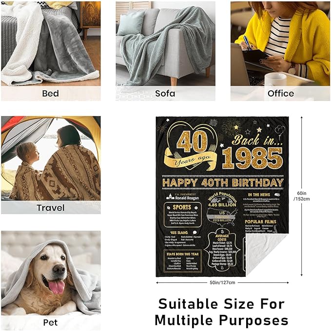 40th Birthday Gifts Women Men, 40 Year Old Birthday Gifts for Women Men, 40th Bday Gift Ideas Throw Blanket 60 x 50 Inch, 1985 Bday Gift for Woman Man, 40 Yr Old/Forty Presents for Female Male
