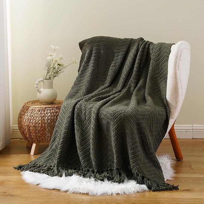 BATTILO HOME Olive Green Throw Blanket for Couch, Knit Throw Blanket,Super Soft Warm Home Decor Throw Tassels Bed,Sofa and Living Room,50" x 60"