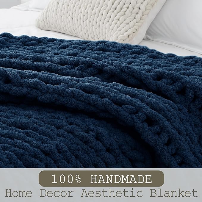 Chunky Knit Throw Blanket 50"X 60", 100% Handmade with Soft Chenille Yarn, 4.4lbs Thick Cable Knitted Blankets, Large Rope Knot Crochet Throws for Couch Sofa Bed Home Decor, Navy Blue
