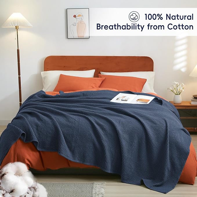 PHF Pre-Washed Cotton Waffle Weave Blanket Throw Size for Bed Couch,Snag Proof Spring Summer Lightweight Breathable,Oeko-TEX Certified,Machine Washable, Home Decor Gift,Dark Navy