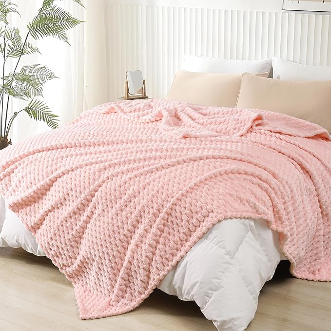 PHF Ultra Soft Flannel Fleece Blanket Queen Size, Lightweight 3D Jacquard Fleece Blanket, No Shedding, No Pilling, Luxury 340GSM Aesthetic Fluffy Cozy for Bed Room Decor, 90"x90", Pink