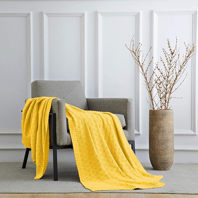 Cotton Lemon Yellow Knit Throw Blanket for Couch Sofa Beach Chair Bed Home Decorative Soft Warm Cozy Cable Lightweight Knitted Blankets,2.2 pounds 50 x 60 Inch with Bonus Laundering Bag