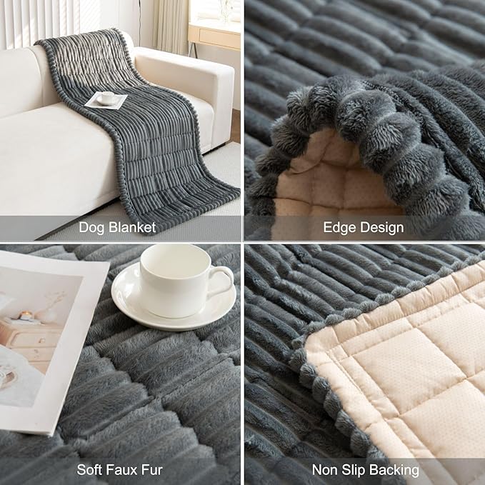 Faux Fur Plush Dog Couch Cover 3D Stripe Fuzzy Sofa Cover Non-Slip Fluffy Dog Bed Cover Pet Blanket Sofa Couch Furniture Protector for Puppy Large Dog Cat (Dark Grey,35"x82")
