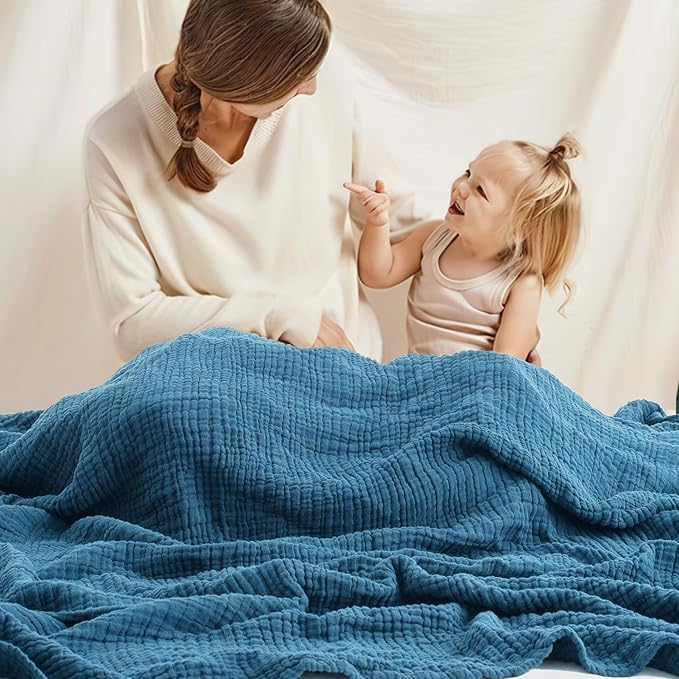 Carriediosa 100% Cotton Muslin Throw Blanket 108" X 90" King Size,4-Layers Summer Gauze Throws for Bed Couch,Soft Lightweight Breathable Linen Blankets Bedspread for Adults All Season,Dusty Blue
