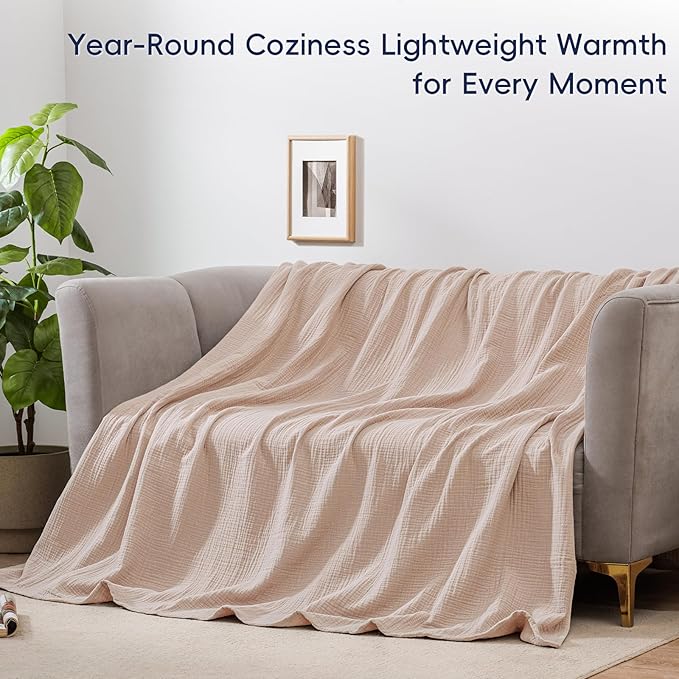 PHF 100% Cotton Muslin Blanket Queen Size 90" x 90", 4-Layer Lightweight and Breathable Blanket for Summer, Luxuriously Soft Gauze Bedding for Bed, Natural Minimalism Style, Ideal Gift, Light Pink