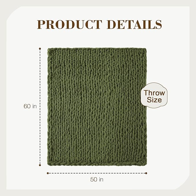 Carriediosa Chunky Knit Throw Blanket 50" X 60", 100% Hand Made Large Chenille Loop Yarn Soft Fluffy Throws for Couch Sofa Bed, Big Crochet Cozy Heavy Thick Cable Woven Blankets, Olive Green