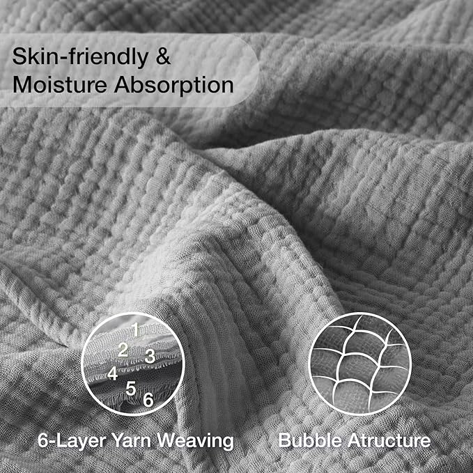 100% Cotton Muslin Blanket King 108" x 90", 6 Layers Breathable and Lightweight Cotton Throw Blanket for Bed, Soft Quilt Bedspread Coverlet, Gauze Blanket for Adults All Season, Grey