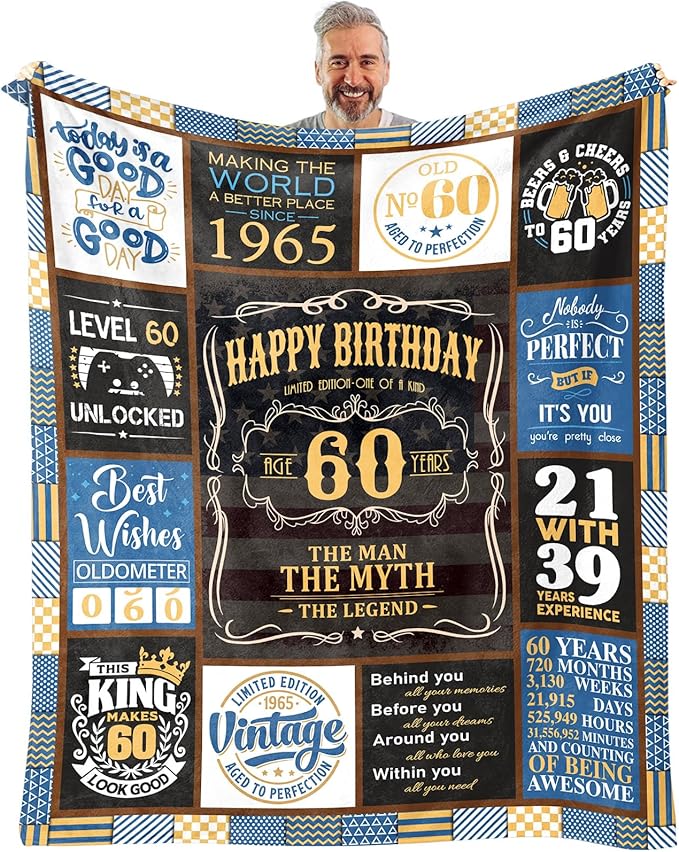 60th Birthday Gifts for Men Blanket 60 x 50 inch, 60 Year Old Birthday Gifts for Men, Gift for 60 Year Old Man, 1965 Mens 60th Birthday Gift Ideas Male, 60 th Birthday Gift for Dad
