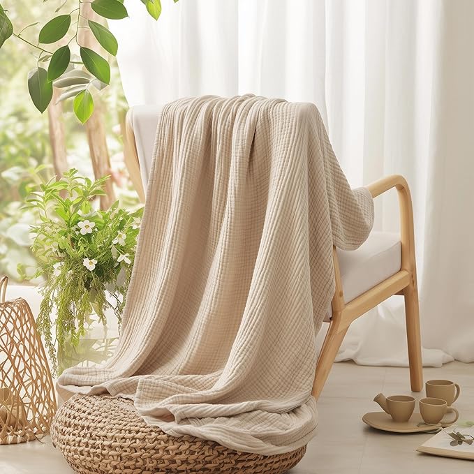 100% Cotton Blanket Large 50"x 70", 6 Layers Muslin Blankets, Cooling and Soft Throw Blanket for Couch, Breathable Quilt Bedspread, Gauze Bedding for Adults, Oatmeal, Beige Linen