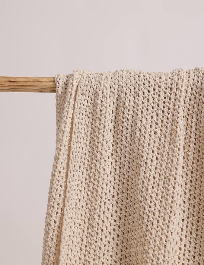 Chunky Cotton Knit Throw Blanket, Light Weight Cable Knit Throws for Bed Couch Sofa, Comfy & Relaxing, Decorative Piece for Farmhouse Modern Rustic Scandinavian Chic Vibe, Cream 50x60 Inches