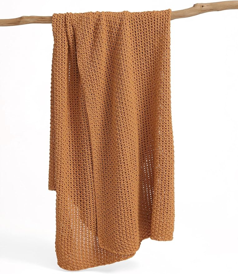 Chunky Cotton Knit Throw Blanket, Light Weight Cable Knit Throws for Bed Couch Sofa, Comfy & Relaxing, Decorative Piece for Farmhouse Rustic Scandinavian Chic Vibe, Turmeric Yellow 60x80 Inches