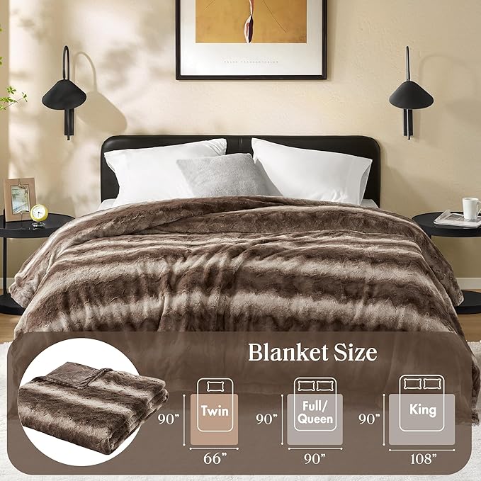 Zuri Ultra-Soft Poly Fur Reversible Plush Blanket - All Season & Lightweight Fuzzy Blanket for Bed, Couch & Sofa - Twin/Twin XL Brown