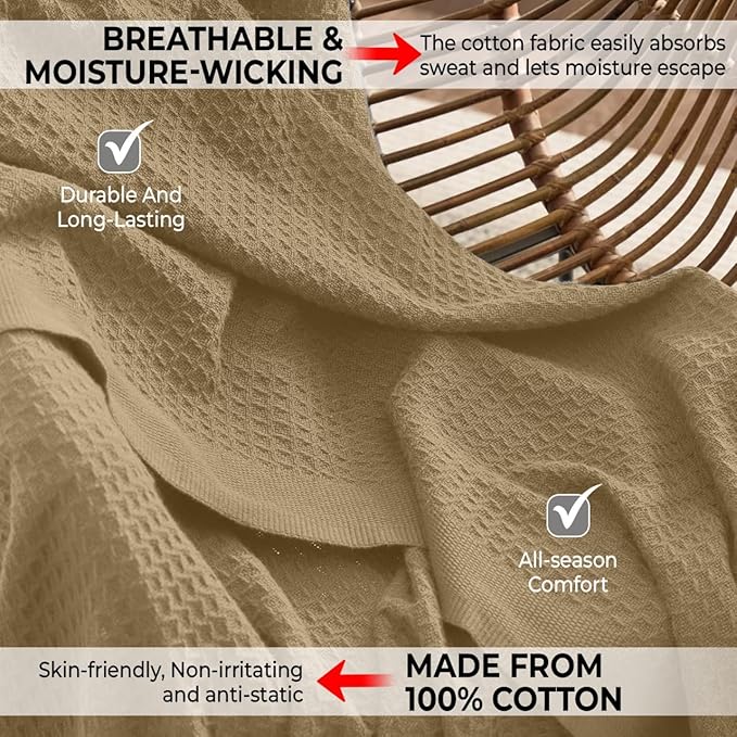 100% Cotton Blankets Throw Size for Bed - Waffle Weave Blankets for Summer, Lightweight and Breathable Soft Woven Blanket for Spring (Beige, Throw (50" x 60")