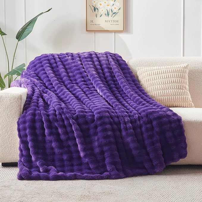 NEWCOSPLAY Faux Fur Twin Blanket Purple Bubble Blanket Thick Warm Soft for Couch Sofa Bed 550GSM (Purple, Twin(60"x80"))