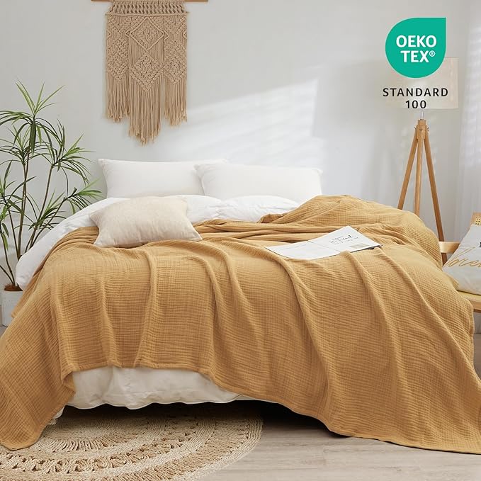 PHF 100% Cotton Muslin Blanket King Size 108" x 90", 4-Layer Lightweight and Breathable Blanket for Summer, Luxuriously Soft Gauze Bedding for Bed, Natural Minimalism Style, Ideal Gift, Honey Yellow