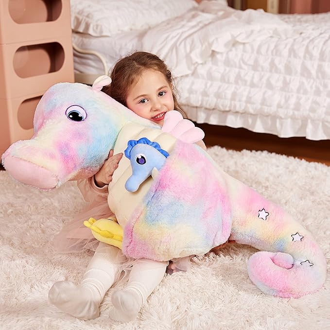 IKASA Giant Seahorse Stuffed Animal Plush Toy,30" Large Sea Horse Cute Jumbo Soft Toys,Huge Big Size Plushy Plushie with Two Babies,Gifts for Kids