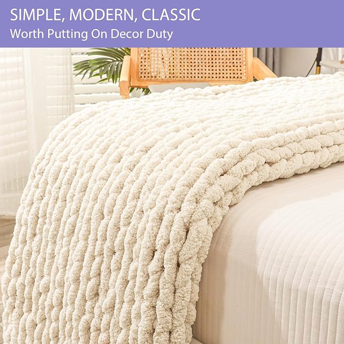 Bigacogo Chunky Knit Throw Blanket for Couch, 40x40 inches, 100% Hand Knitted with Thick Jumbo Chenille Yarn, Cozy Soft Large Rope Knot Cable Crochet Blankets for Sofa Bed Living Room, Beige
