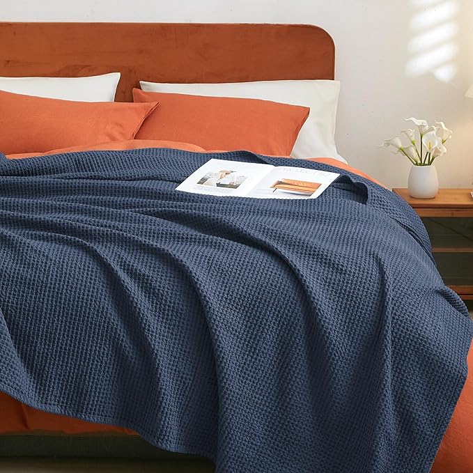 PHF Pre-Washed Cotton Waffle Weave Blanket Throw Size for Bed Couch,Snag Proof Spring Summer Lightweight Breathable,Oeko-TEX Certified,Machine Washable, Home Decor Gift,Dark Navy