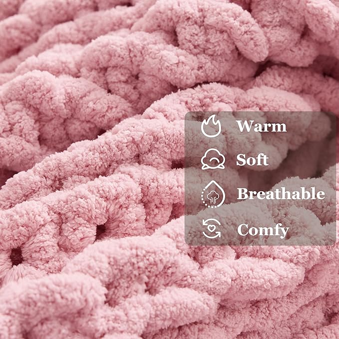 Light Pink Throw Blanket, 60" x 80" Chunky Knit Blanket, Handmade Warm & Soft Chenille Throw Blanket, Washable Decorative Knit Blanket with Jumbo Chenille Yarn for Couch Bed Sofa