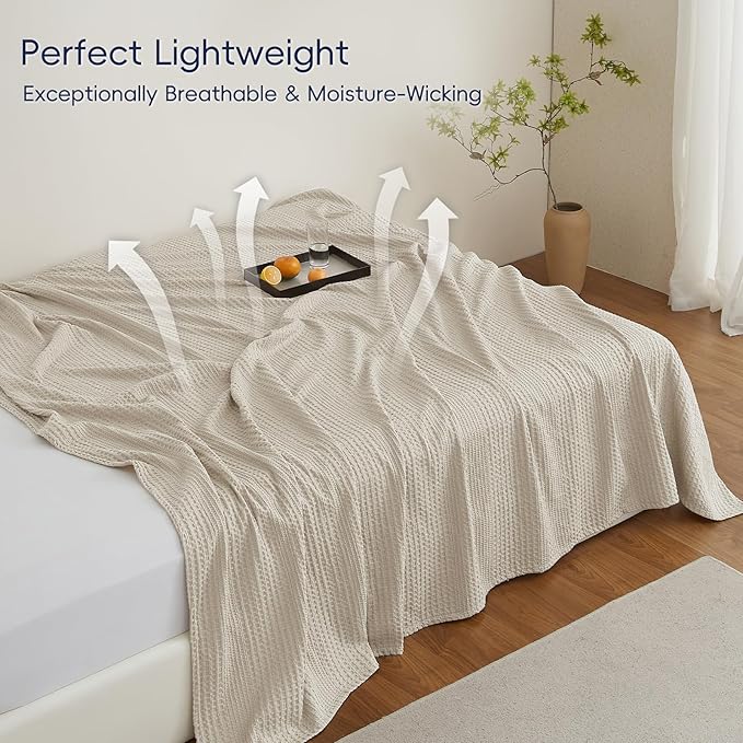 PHF Lightweight Waffle Weave Blanket Queen Size, Breathable & Ultra Soft, 90"x 90" Soft & Cozy Thin Blanket, Perfect for Summer & Hot Sleepers, Bed, Home Decor - Natural