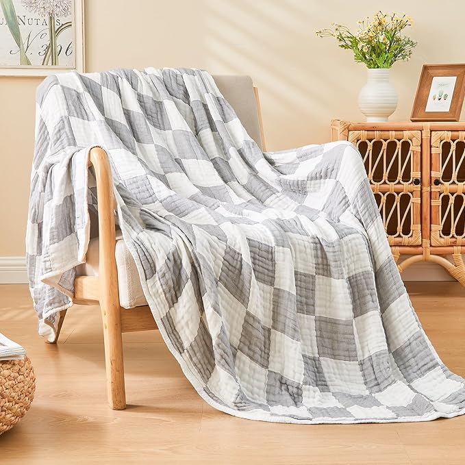 EMME Checkered Cotton Queen Size Bed Blanket, 80"x90", Lightweight Breathable Cooling All Season Gauze, Grey