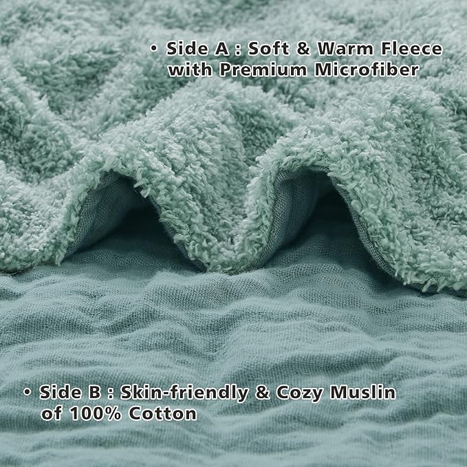 EMME Muslin Cotton Fleece Twin Blanket Reversible - 60"*80" Teal Soft Warm Throw Blankets for Couch Bed Picnic Travel Bed
