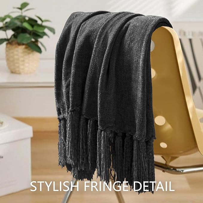 Chenille Throw Blanket for Couch 50"X 60", Soft Cozy Throws with Fringe Tassel for Bed Sofa Chair Cover, Lightweight Knitted Decorative Boho Blankets for Living Room, Dark Grey