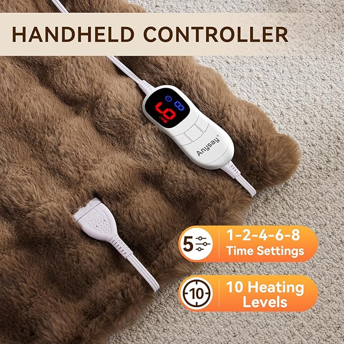 Heated Blanket Throw with 1/2/4/6/8 Hours Auto-Off 10 Heat Level, 62'' * 84'' Cozy Faux Rabbit Fur Bubble Electric Blanket with Overheat Protection(Brown)