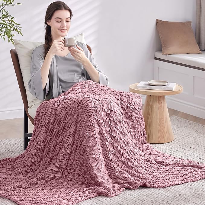 Knitted Weighted Blanket Kids, No Beads Heavy Blanket 36” x 48'' 3lbs, Breathable Chunky Knit Blanket, Cooling Weighted Blanket for Hot Sleepers, Christmas Home Decor (Pink)