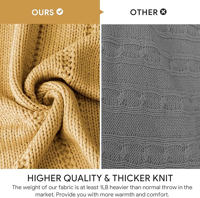 RECYCO Cable Knit Mustard Yellow Throw Blanket Twin Size for Couch, Super Soft Warm Cozy Decorative Knitted Throw Blanket 3.6LB for Bed, Sofa, Chair Large 60"x80"