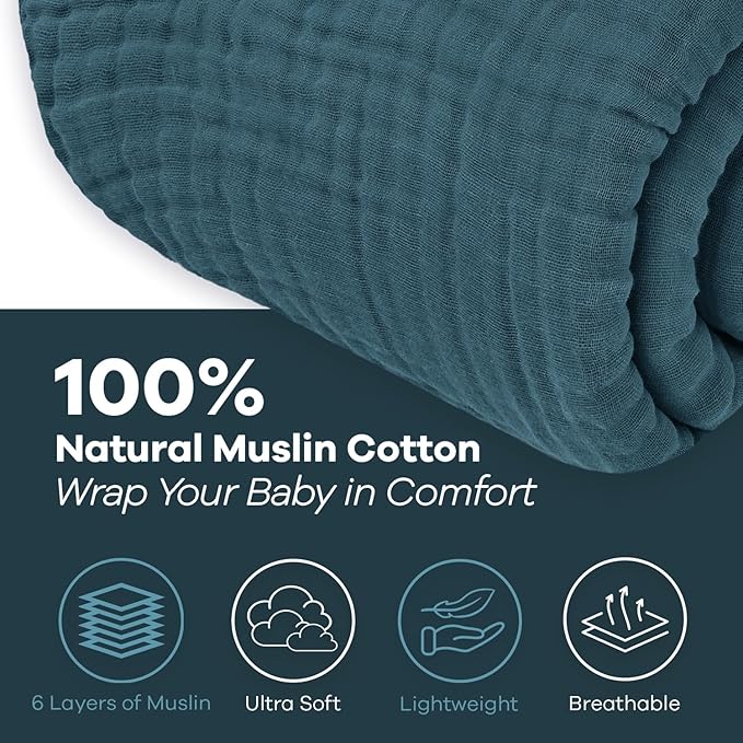 Comfy Cubs Muslin Blanket for Adults Twin 90" x 66" - 6 Layer Soft, Breathable & Lightweight Muslin Adult Blanket - Machine Washable & Designed in The US Bedding for All Seasons - Neptune