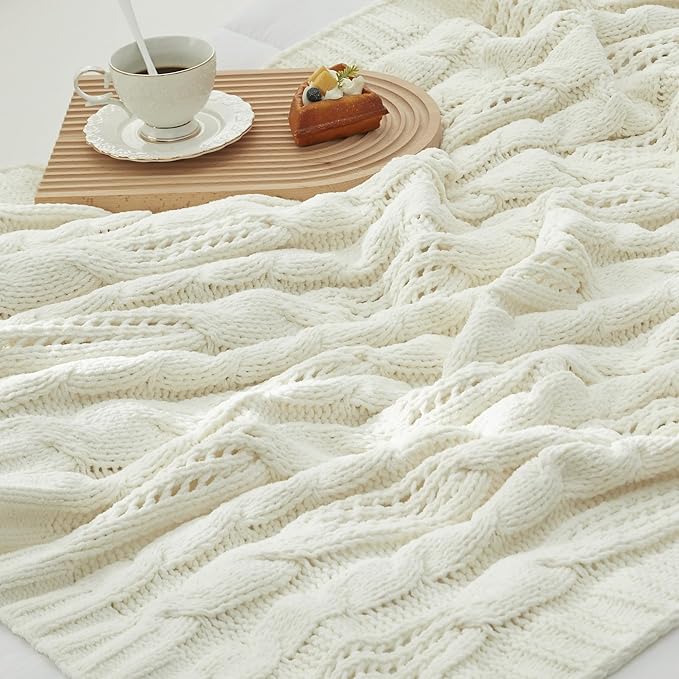 Amélie Home Chunky Knit Chenille Throw Blanket, Breathable Cable Knitted Blanket for Couch, Farmhouse Decorative Throw for Sofa Chair Bed, 60"x80", Ivory