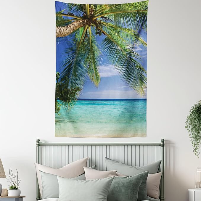 Ambesonne Ocean Tapestry Twin Size, Tropical Paradise View at Maldives Palms Clear Sky Seashore Picture Print, Wall Hanging Bedspread Bed Cover Wall Decor, 68" X 88", Green Aqua Blue