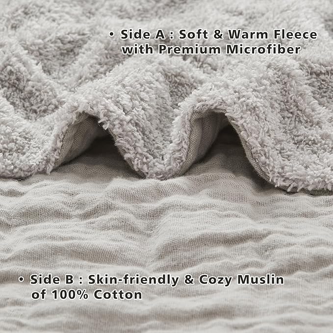 EMME Muslin Cotton Fleece Queen Blanket Reversible - 80"*90" Grey Soft Warm Throw Blankets for Couch Bed Picnic Travel Bed