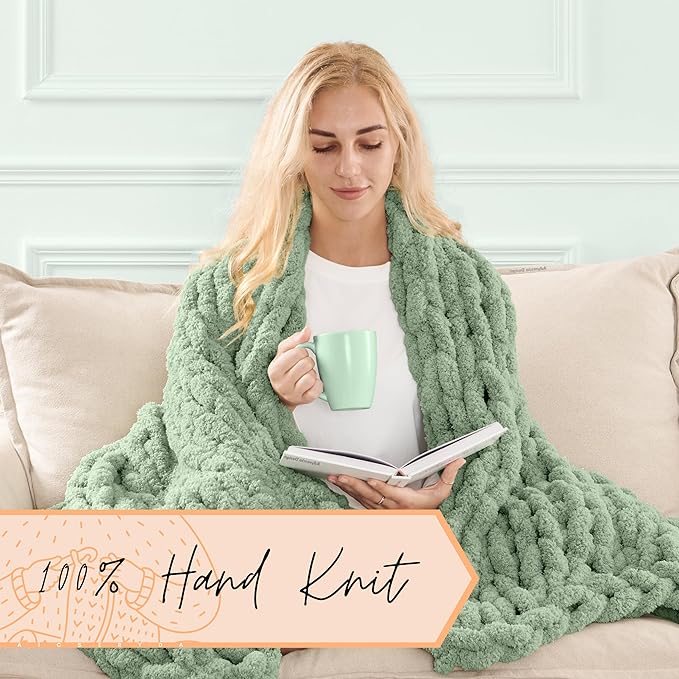 Adyrescia Chunky Knit Blanket Throw | 100% Hand Knit with Jumbo Chenille Yarn (50"x60", Sage Green)