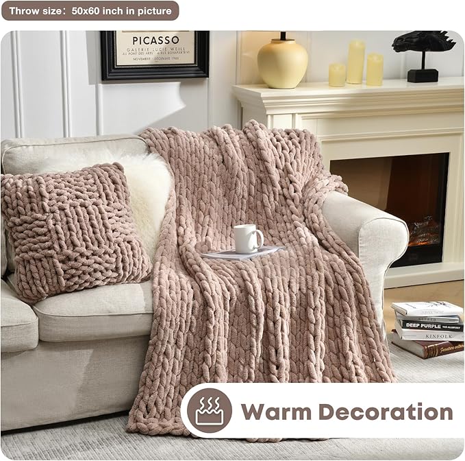 Soft Chunky Knit Blanket, 60X80 in Handmade Thick Chenille Yarn Throw Without Shedding & Raveling, Aesthetic & Cozy Home Decor with Couch Sofa Bed, Gift Pack, Choffee Brown