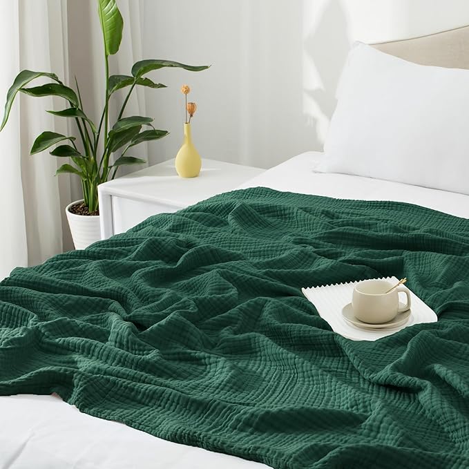 Carriediosa 100% Cotton Muslin Throw Blanket 70" X 80" Twin Size,4-Layers Summer Gauze Throws for Bed Couch,Soft Lightweight Breathable Linen Blankets Bedspread for Adults All Season,Dark Green