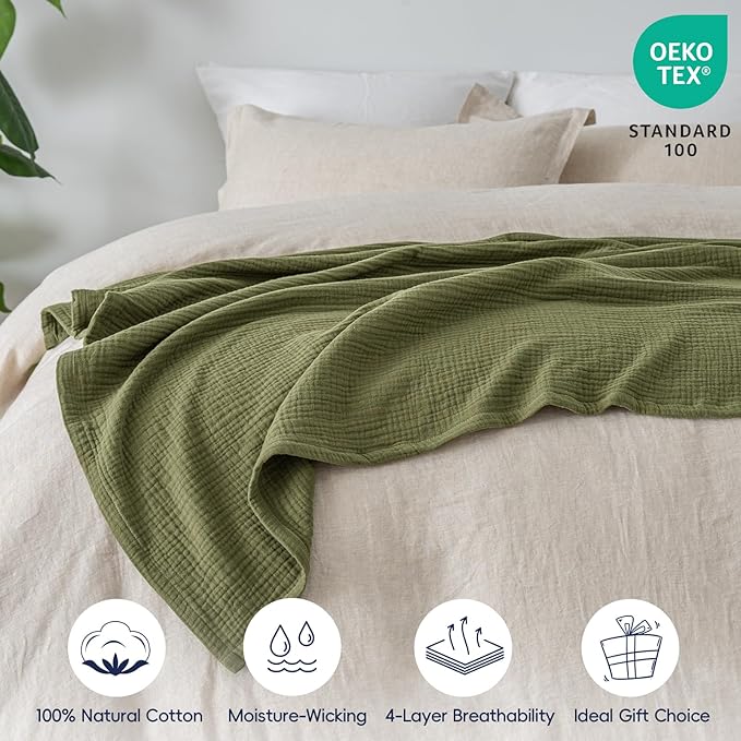 PHF 100% Cotton Muslin Throw Blanket 50" x 60", 4-Layer Lightweight and Breathable Blanket for Summer, Luxuriously Soft Gauze Throws for Couch, Natural Minimalism Style, Ideal Gift, Olive Green