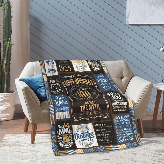 100th Birthday Blanket 60 x 50 inch - Gifts for 100 Year Old Man - 100th Birthday Gifts for Men -100th Birthday Gift Ideas for Dad, Grandpa - 100th Birthday Decorations