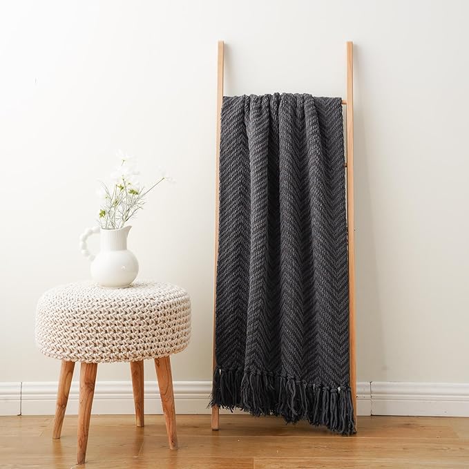 BATTILO HOME Dark Grey Throw Blanket for Couch, Knit Charcoal Throw Blanket Versatile for Chair, 60 x 80 Inch - Super Soft Warm Grey Blanket with Tassels for Bed, Sofa and Living Room